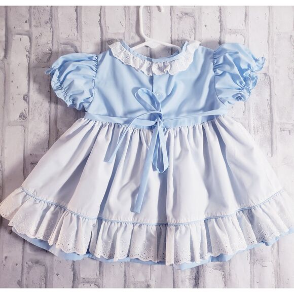 Vintage 80's Girls Double Layered Blue and White Ruffle Dress - Picture 2 of 6